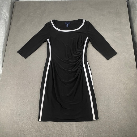 Chaps Dresses & Skirts - Chaps Womens Black White Ruched Sheath Dress 3/4 Sleeve Size L 6367